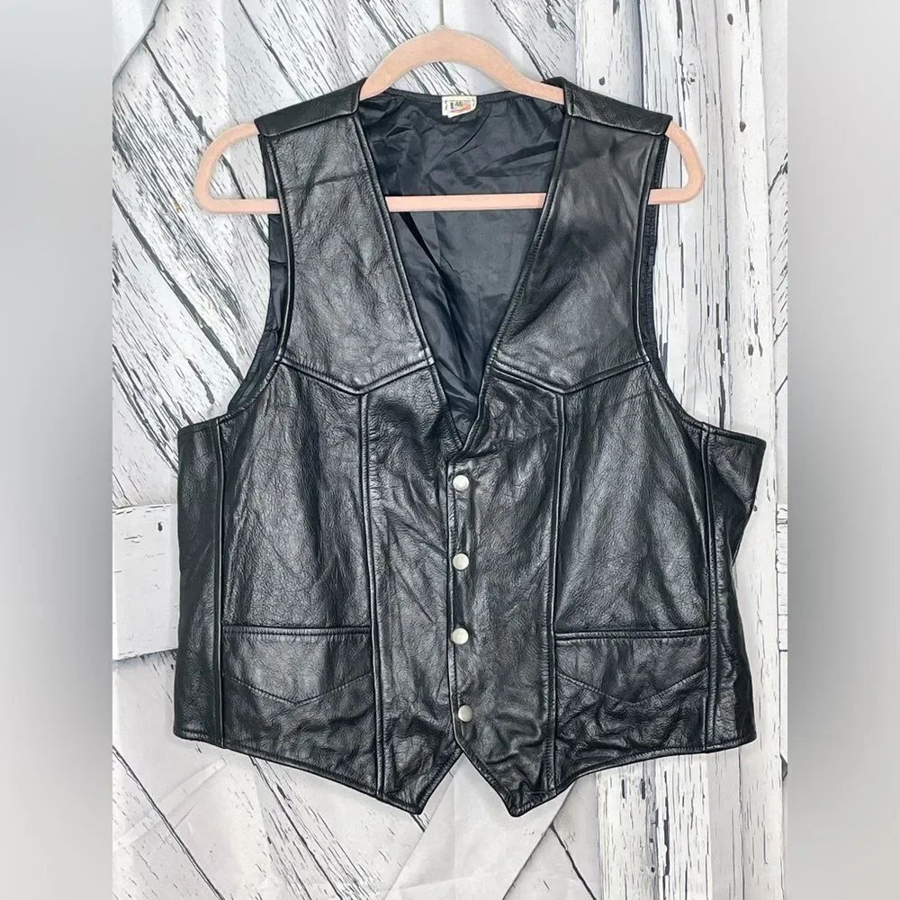 Vintage Leather Vest Snap Front Black Unisex 46